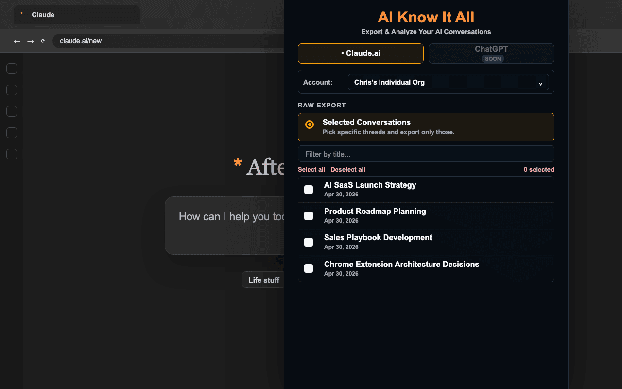 AI Know It All Chrome extension popup showing Raw Export options and Pro report cards