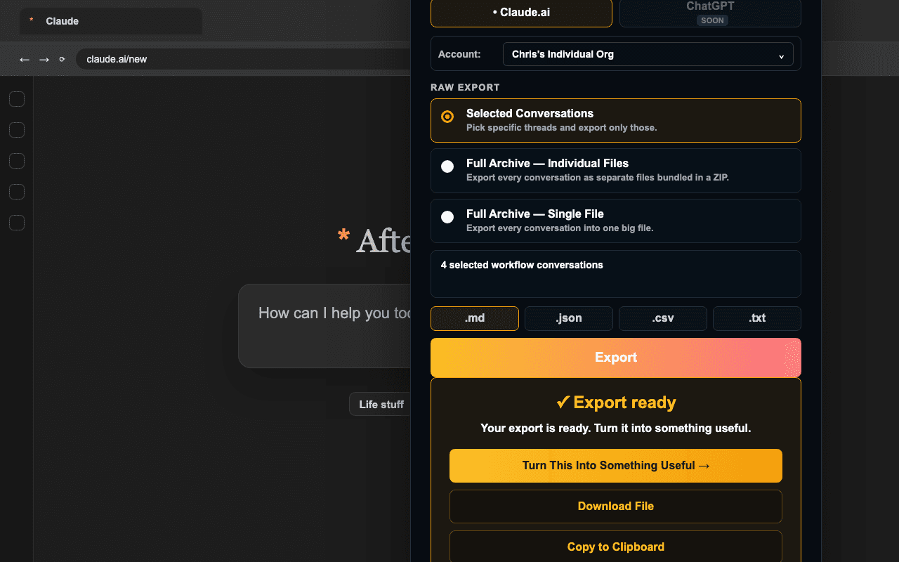 Raw export result panel with Turn This Into Something Useful and Download File actions