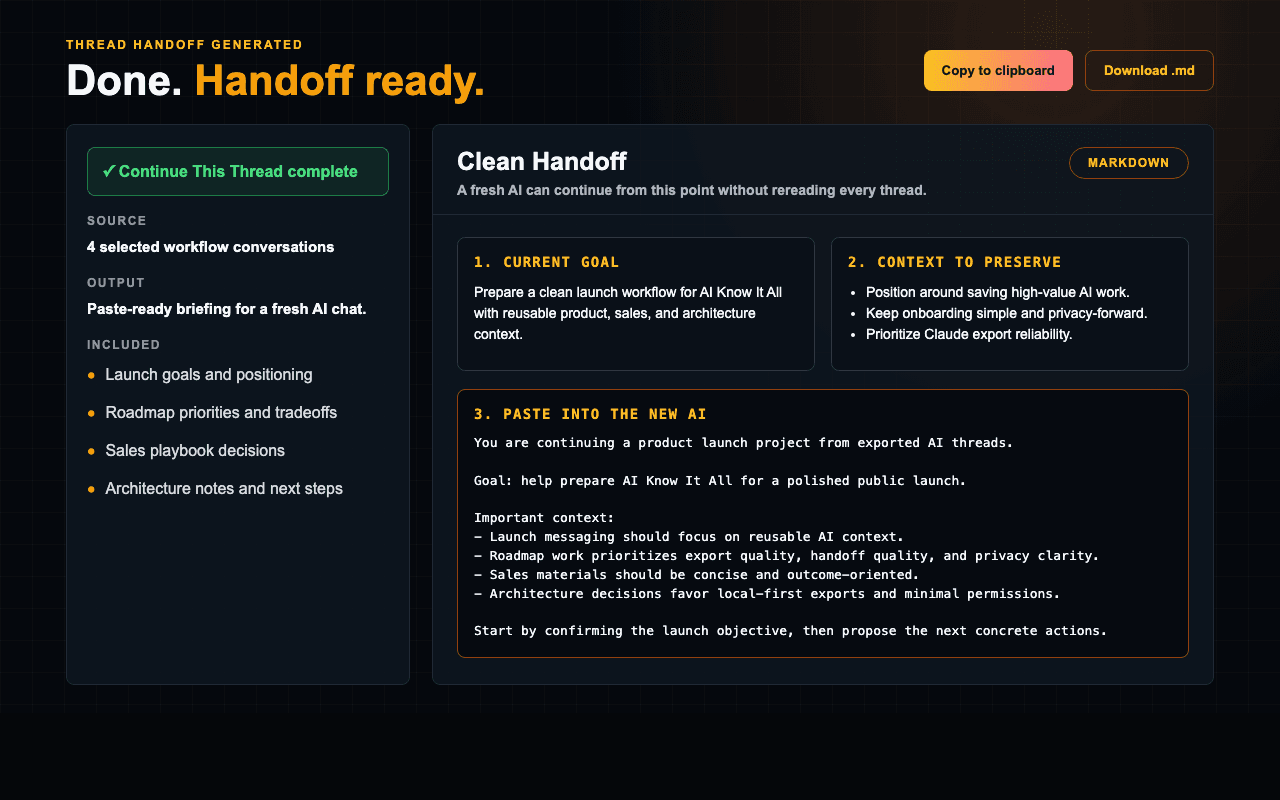 Continue This Thread result panel with copy and download actions